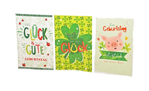 Geburtstagskarte Glück - 100 Stück - 3 Motive - 11,5 x 17,5 cm