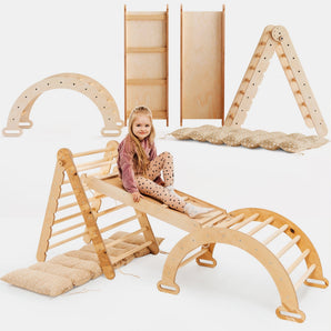 4in1 Montessori Klettergerüst Set: Kletterdreieck mit Rutsche, Kletterbogen mit Kissen, für Kinder 1-7 Jahre – Beige