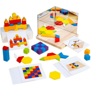 Symmetrie Spiel aus Holz mit Spiegel - mit flachen Bausteinen & Karten
