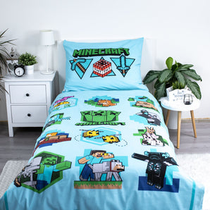 Minecraft Bettwäsche - weiche Baumwolle hellblau 140x200 cm Kissen und Decke